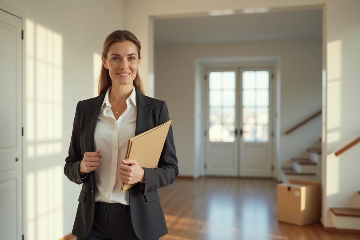 Femme tenant des documents immobiliers dans le salon d'une maison à vendre dans le cadre d'une stratégie de revente avec PTZ