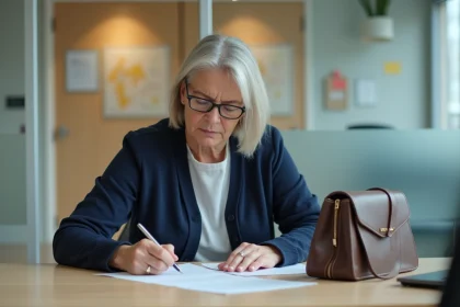 Femme concentr&eacute;e remplissant un dossier dans un bureau public