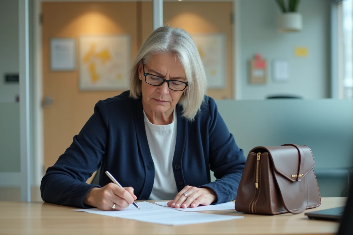 Femme concentrée remplissant un dossier dans un bureau public