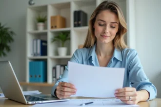 Femme consultant son dossier de location d'appartement avec des documents organisés sur un bureau