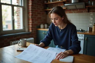 Femme consultant des documents de demande de logement RSA sur une table en bois dans un appartement modeste