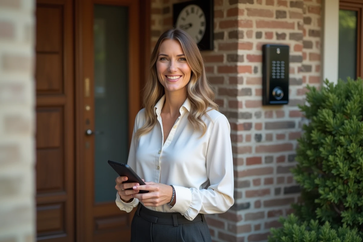 Femme souriante montrant une confirmation digitale devant une maison