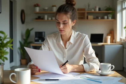 Femme d'affaires examine un document financier à la maison