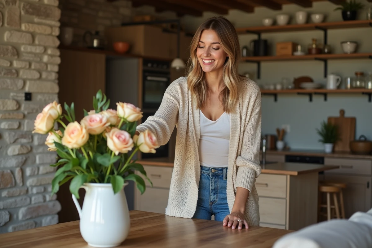 Femme souriante arrangeant des fleurs dans la cuisine chaleureuse