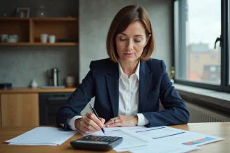 Femme d'âge moyen examinant documents fiscaux dans une cuisine urbaine