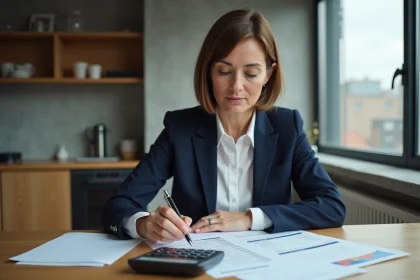Femme d'&acirc;ge moyen examinant documents fiscaux dans une cuisine urbaine