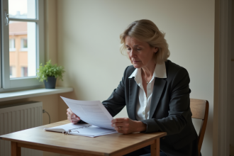Femme d'âge moyen lisant des contrats de location dans un logement social