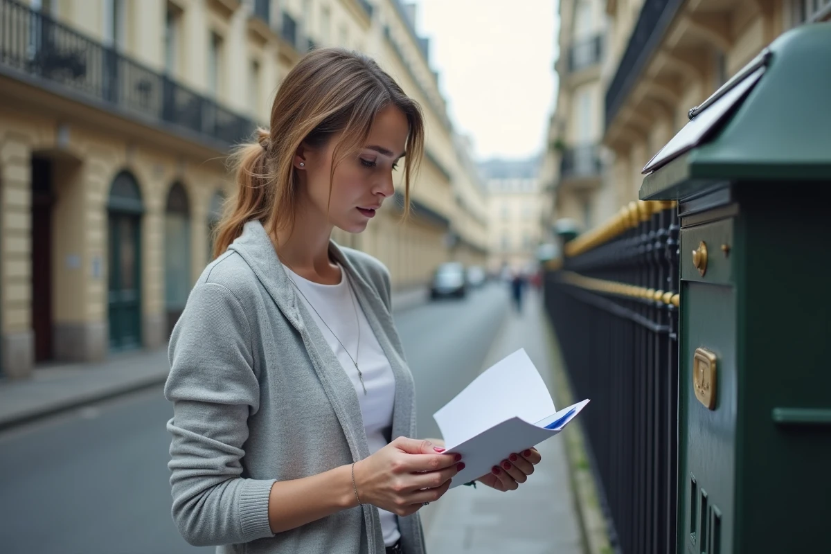 Femme lisant un courrier administratif devant une boîte aux lettres dans une rue parisienne haussmannienne