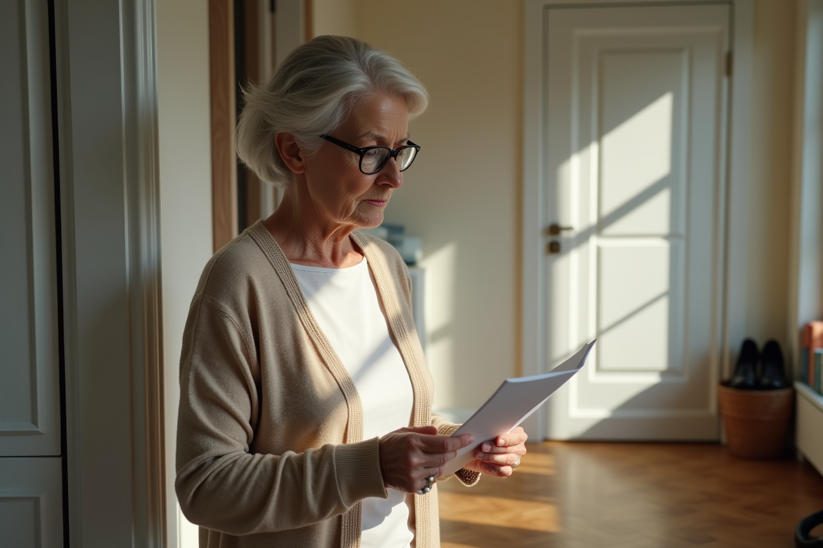 Femme âgée regarde une lettre dans son appartement ensoleille