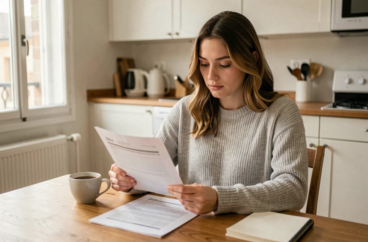 Jeune femme lisant les conditions de son offre de prêt immobilier SG à domicile