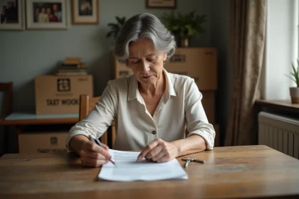 Femme d'&acirc;ge moyen examinant des papiers et une cl&eacute; dans une maison