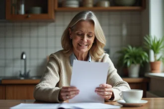 Femme d'âge moyen lisant une lettre dans la cuisine lumineuse