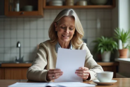 Femme d'&acirc;ge moyen lisant une lettre dans la cuisine lumineuse