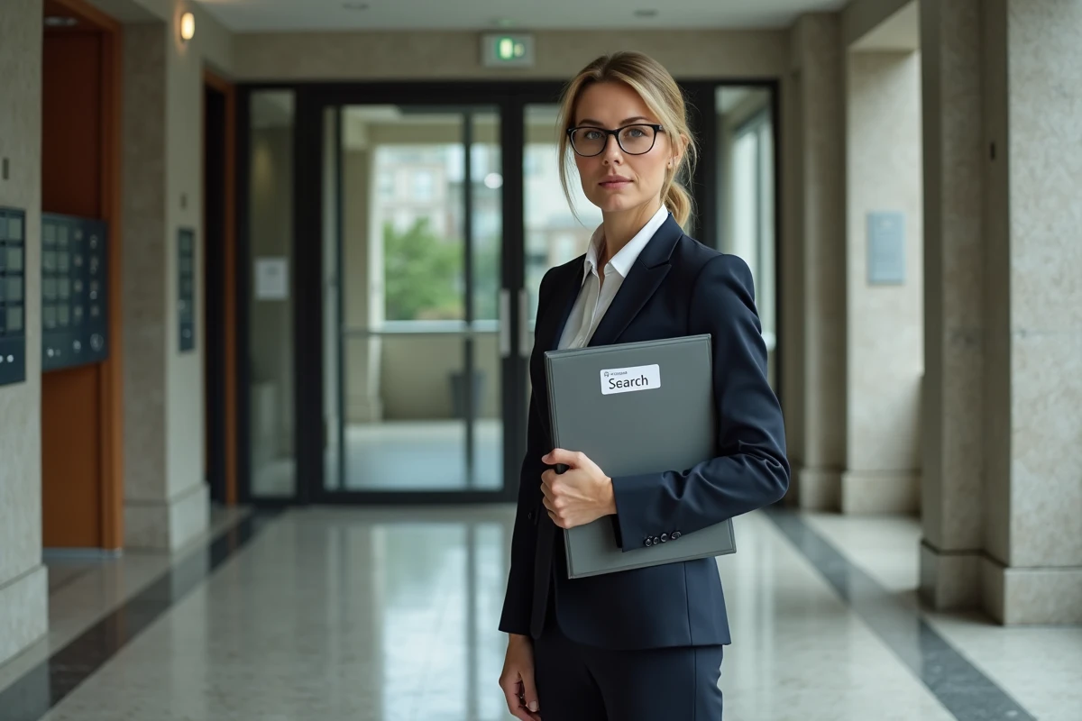 Femme professionnelle dans le lobby tenant un dossier syndic