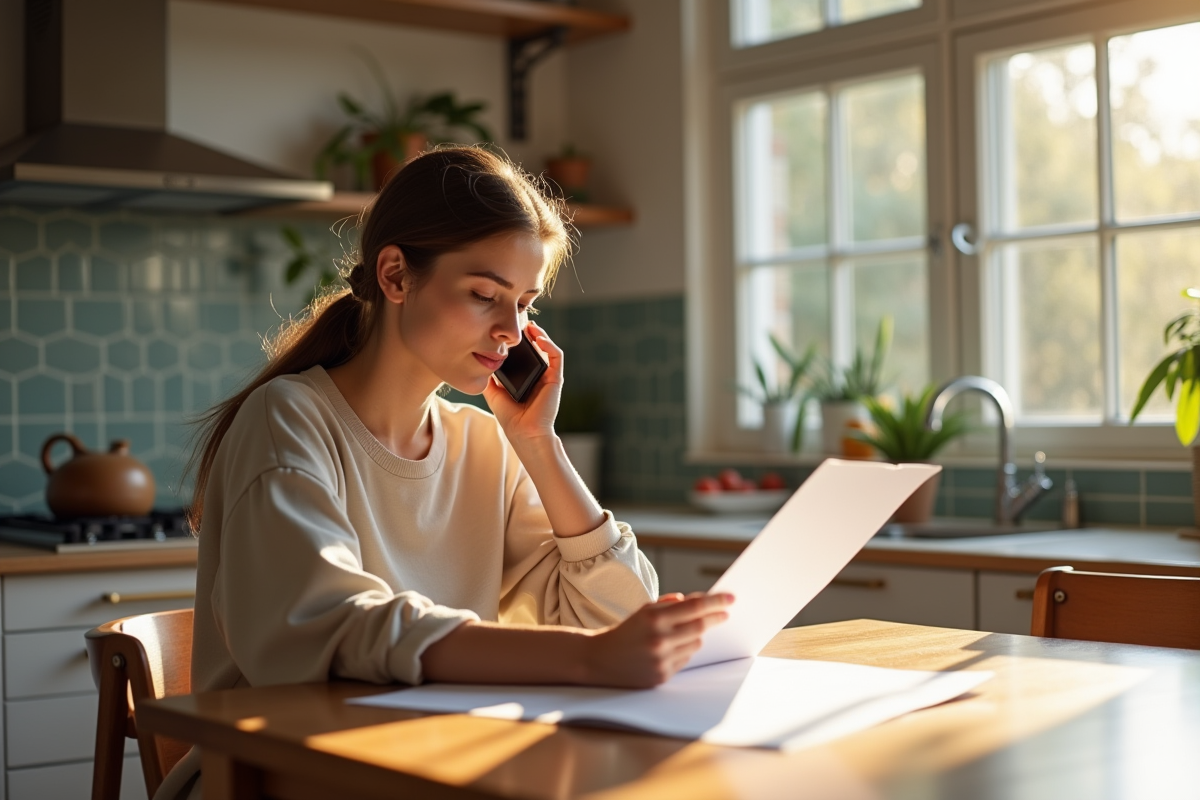 Jeune femme au téléphone et documents de location