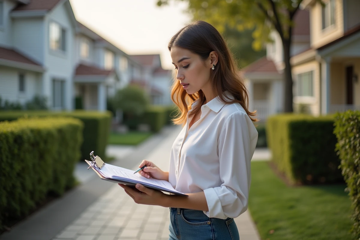 Jeune femme évaluant une propriété devant une maison