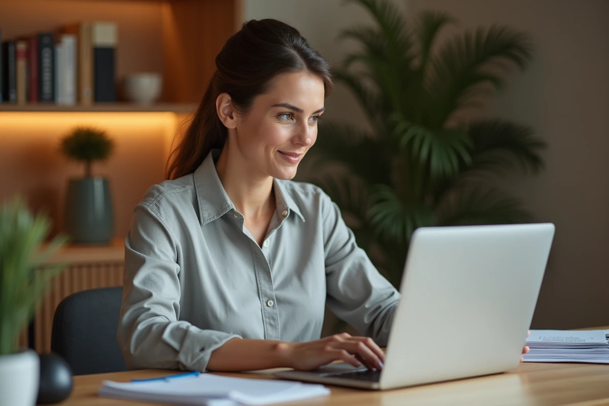 Femme utilisant MyFoncia sur ordinateur portable pour gérer ses documents administratifs depuis son bureau à domicile