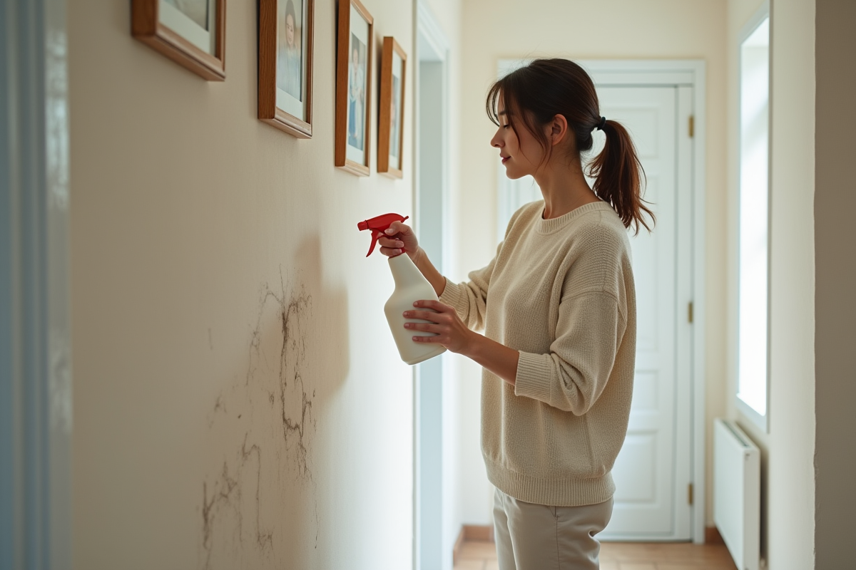 Jeune femme appliquant une solution de nettoyage sur un mur taché