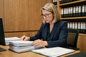 Femme notaire organisant des documents officiels dans un bureau professionnel en bois chaud