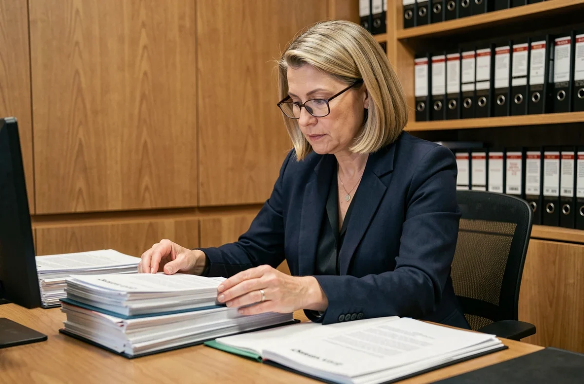 Femme notaire organisant des documents officiels dans un bureau professionnel en bois chaud