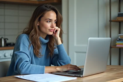 Jeune femme utilisant un ordinateur avec documents EDF