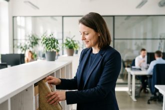 Femme en tenue professionnelle organisant des dossiers dans un bureau moderne