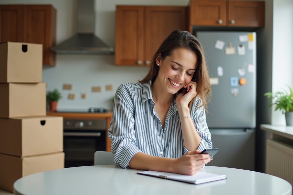 Jeune femme organisée en cuisine avec liste et boxes