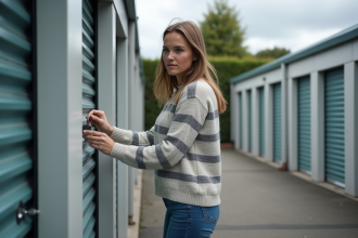 Femme déverrouillant une unité de stockage moderne