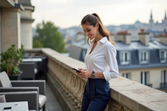 Femme élégante sur une terrasse parisienne avec vue sur la ville