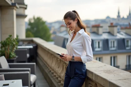 Femme &eacute;l&eacute;gante sur une terrasse parisienne avec vue sur la ville