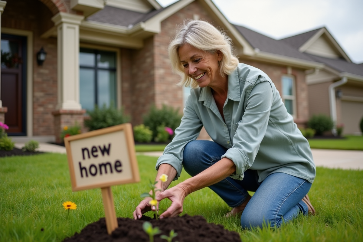 Femme plantant des fleurs dans son jardin devant une maison