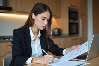 Jeune femme en blazer examine documents immobiliers