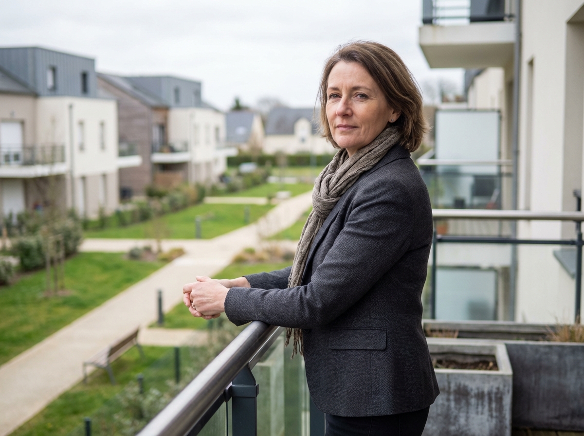 Femme confiante en blazer sur un balcon à Bruz