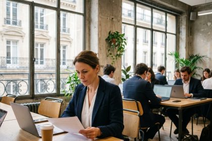 Femme professionnelle travaillant dans un espace de coworking parisien sans acheter ses locaux