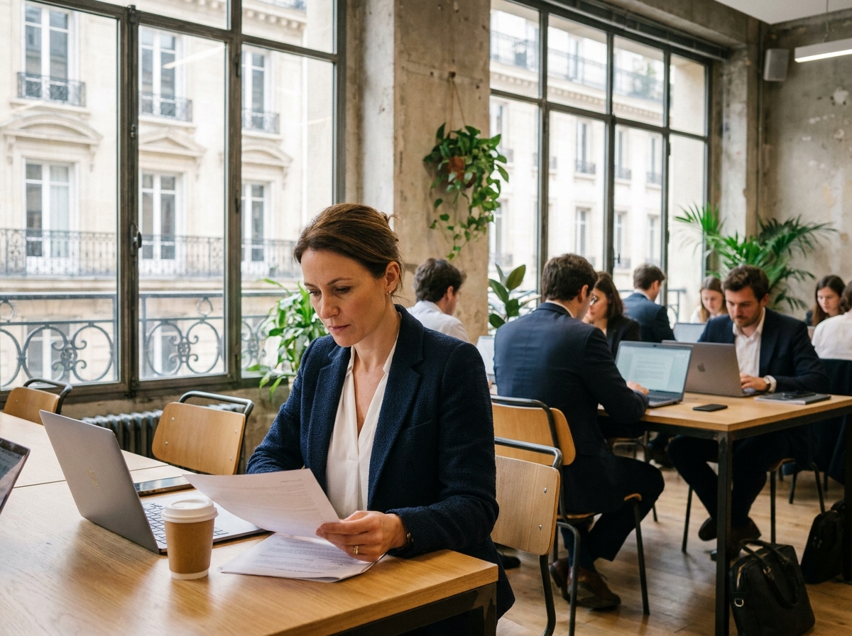 Femme professionnelle travaillant dans un espace de coworking parisien sans acheter ses locaux