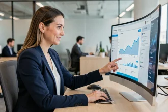 Femme professionnelle utilisant le portail Orchestra sur un grand écran incurvé dans un bureau moderne en 2026