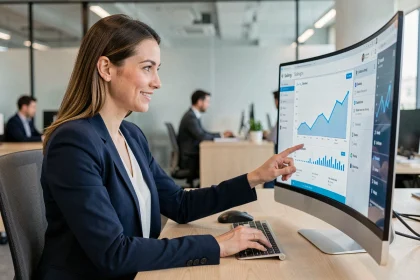 Femme professionnelle utilisant le portail Orchestra sur un grand écran incurvé dans un bureau moderne en 2026