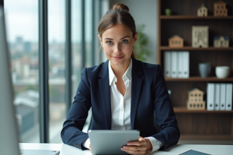 Femme professionnelle en bureau moderne utilisant une tablette