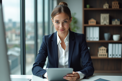 Femme professionnelle en bureau moderne utilisant une tablette