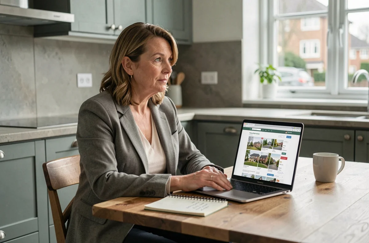 Femme consultant une plateforme immobilière en ligne pour préparer son déménagement en 2026