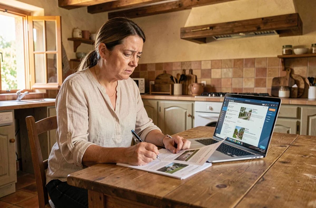Femme consultant des annonces immobilières sur ordinateur portable pour acheter une maison en dessous du prix du marché après divorce