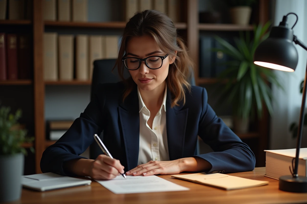 Femme professionnelle rédigeant une lettre formelle à un notaire dans un bureau à domicile