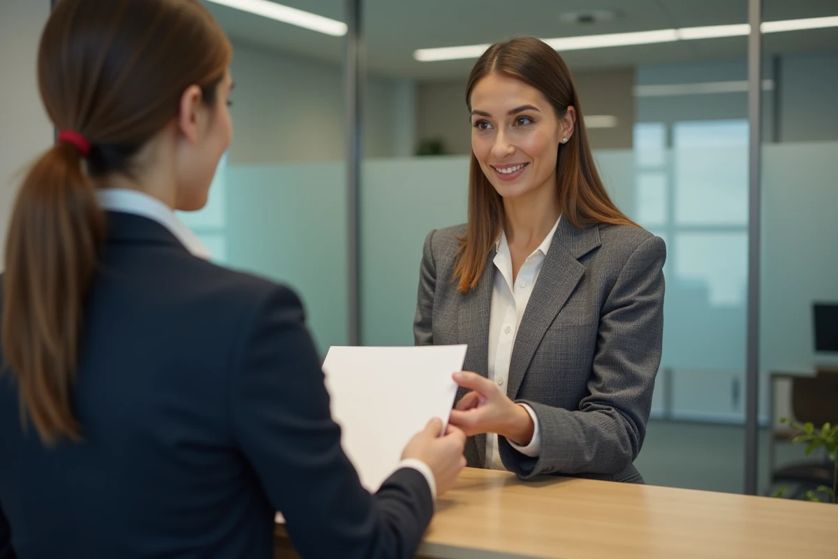 Femme remettant une lettre &agrave; un agent immobilier