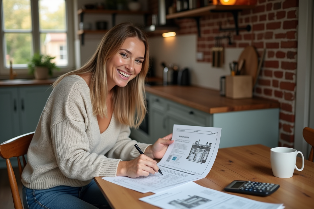 Femme souriante vérifiant des devis de rénovation