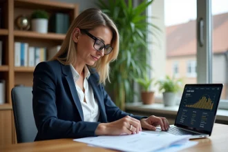Femme professionnelle consultant un simulateur de frais de notaire immobilier sur ordinateur portable dans un bureau moderne