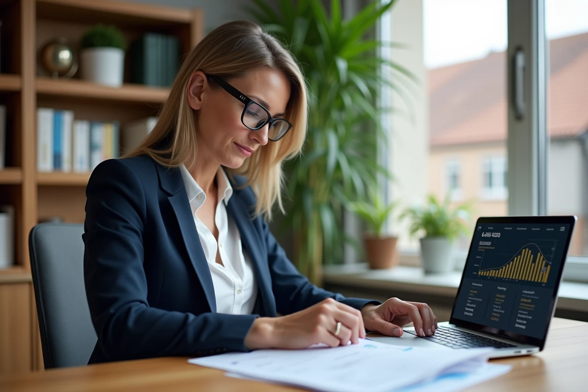 Femme professionnelle consultant un simulateur de frais de notaire immobilier sur ordinateur portable dans un bureau moderne
