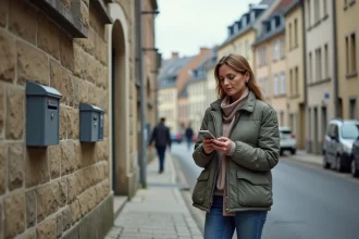 Femme en veste printemps vérifiant son smartphone dans Montluçon
