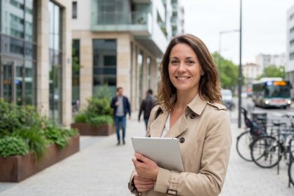 Femme souriante en trench beige devant un immeuble lyonnais