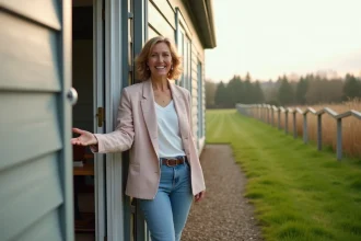 Femme souriante devant une maison mobile en campagne