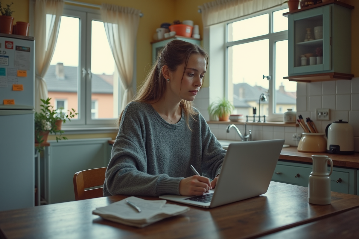 Jeune femme écrivant des notes dans une cuisine lumineuse